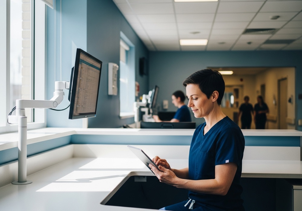 A clinician reviewing patient records