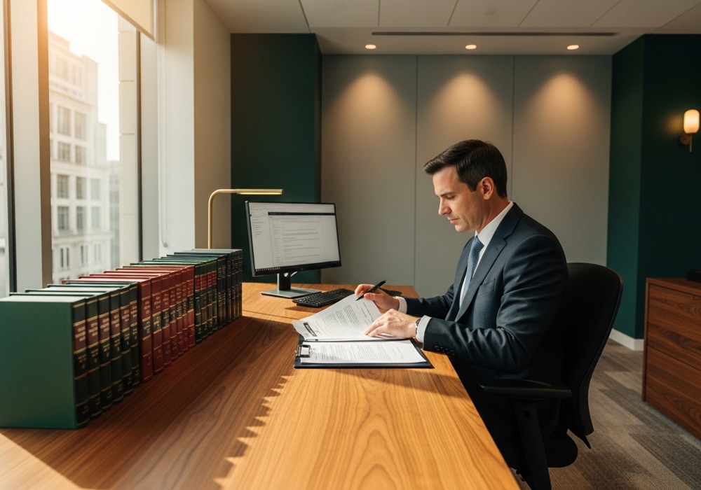 Legal professionals reviewing contracts